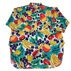 Vintage Ms Russ All Over Fruit Print Button Shirt Union Made Hawaiian Art Nerd